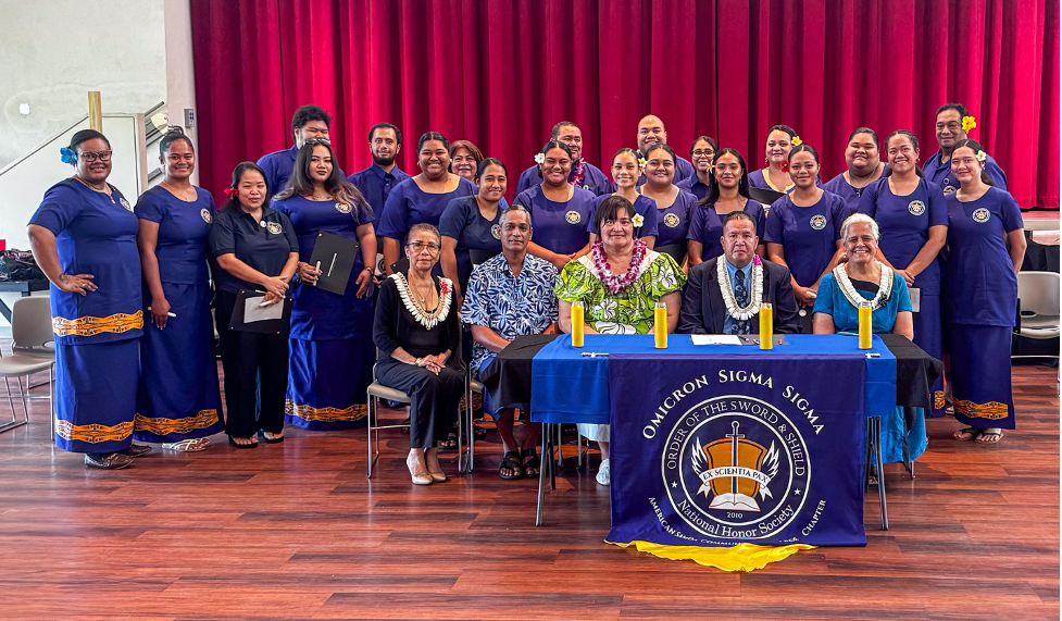 American Samoa Community College (ASCC) student and professional inductees of the newly established ASCC Chapter of the Order of the Sword and Shield, Greek name Omicron Sigma Sigma, with ASCC Administration guests and Reverend Geoffrey Tagaloa